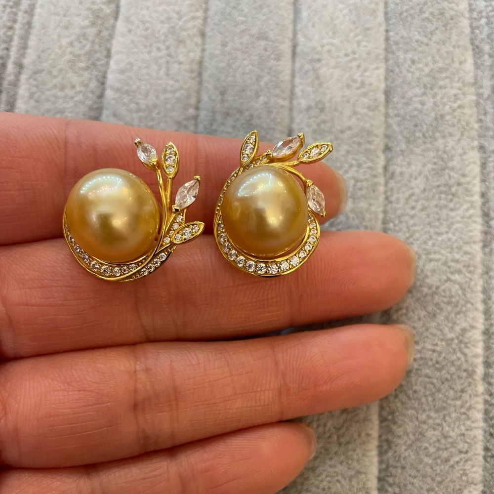 Gold South Sea Pearl (Natural) 12MM-13MM  925 Silver Plated 14K Gold Earrings